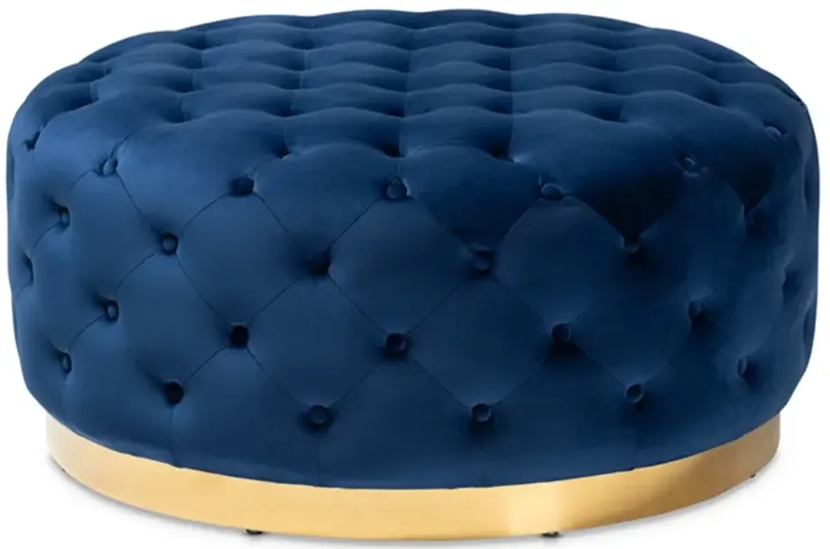 Baxton Studio Sasha Glam and Luxe Royal Blue Velvet Fabric Upholstered Gold Finished Round Cocktail Ottoman