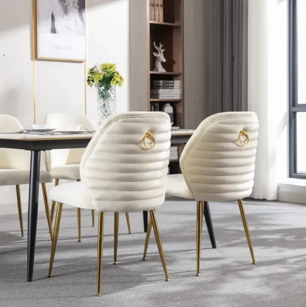 Modern Dining Chair Set of 2, Woven Velvet Upholstered Side Chairs with Barrel Backrest and Gold Metal Legs, Accent Chairs for Living Room Bedroom, Cream