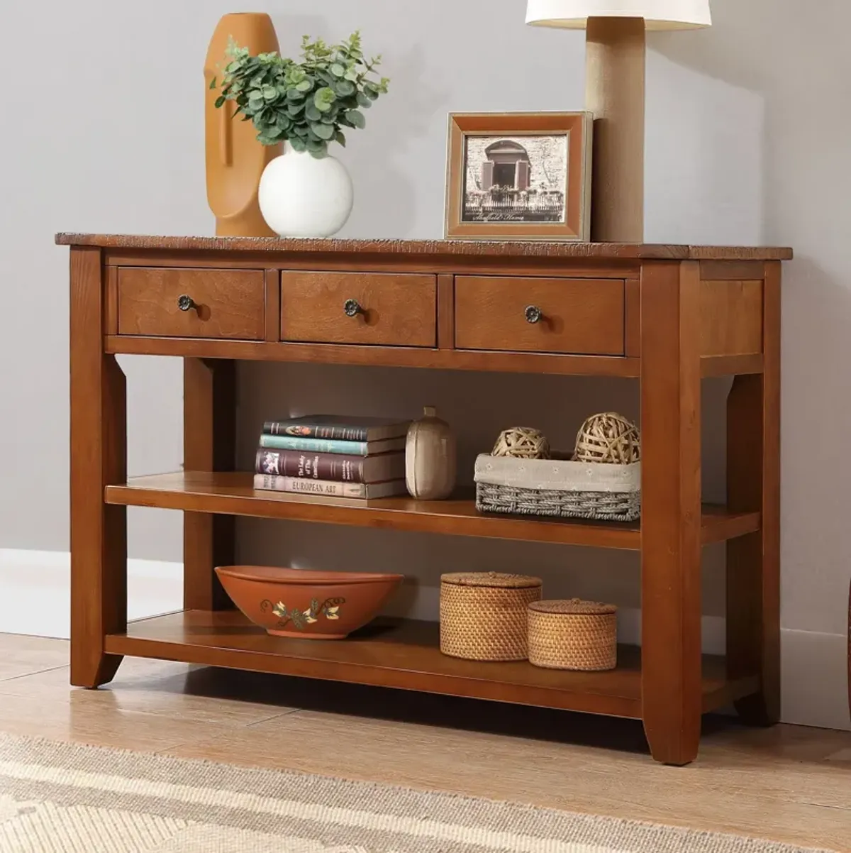 Gewnee 48" Solid Pine Wood Console Table with Storage Drawers, Brown