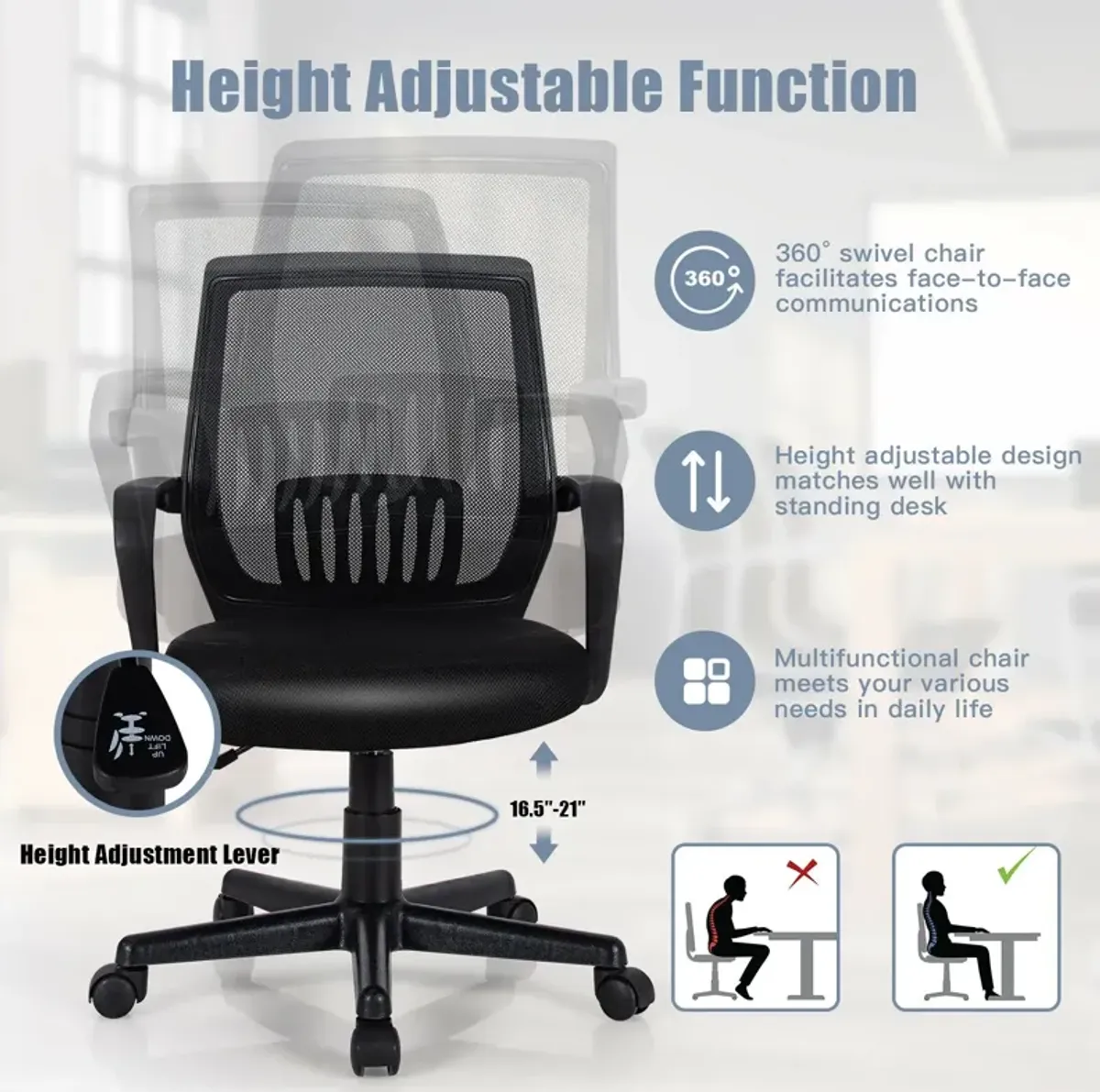 Mid-Back Mesh Height Adjustable Executive Chair with Lumbar Support