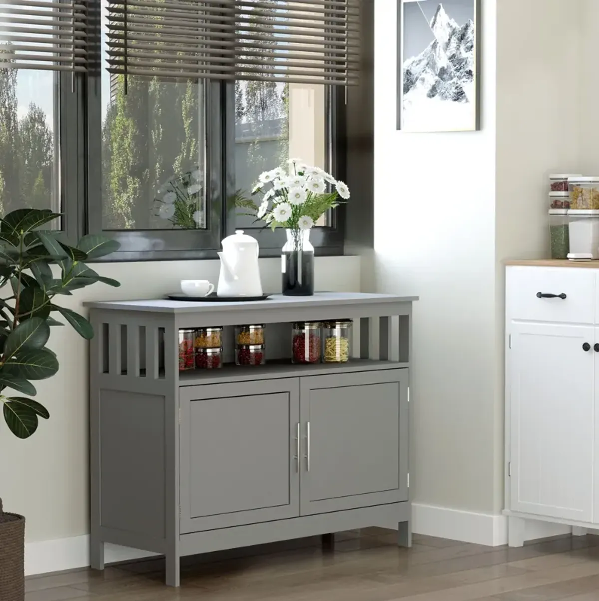 Gray Kitchen Organizer: Wooden Buffet Console with Cabinet and Shelf