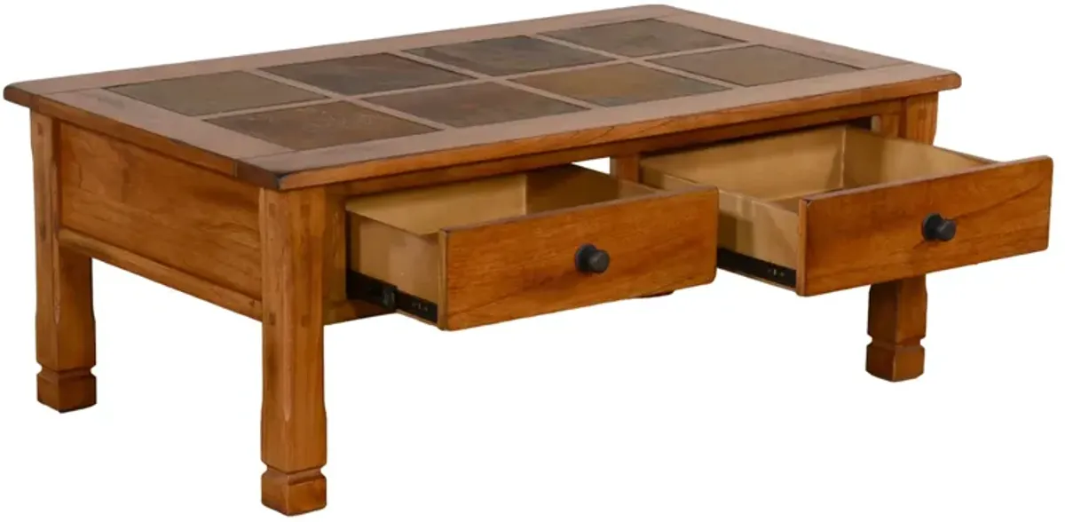 Marv Coffee Table, 2 Drawers, 49 Inch Rectangular w Brown Slate Inlay - Benzara