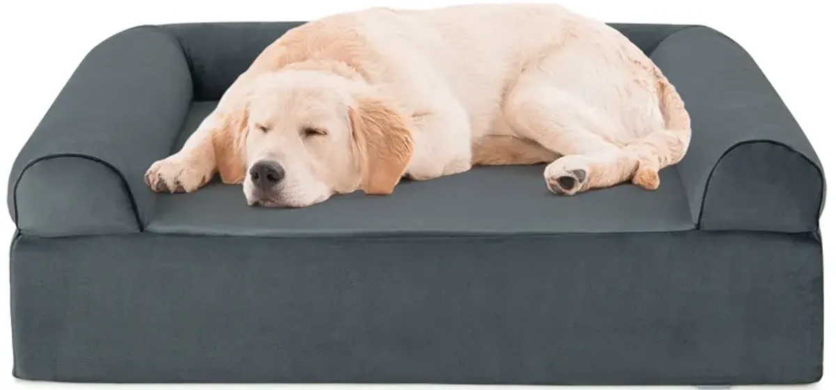 Orthopedic Dog Bed Memory Foam Pet Bed with Headrest for Large Dogs-Grey