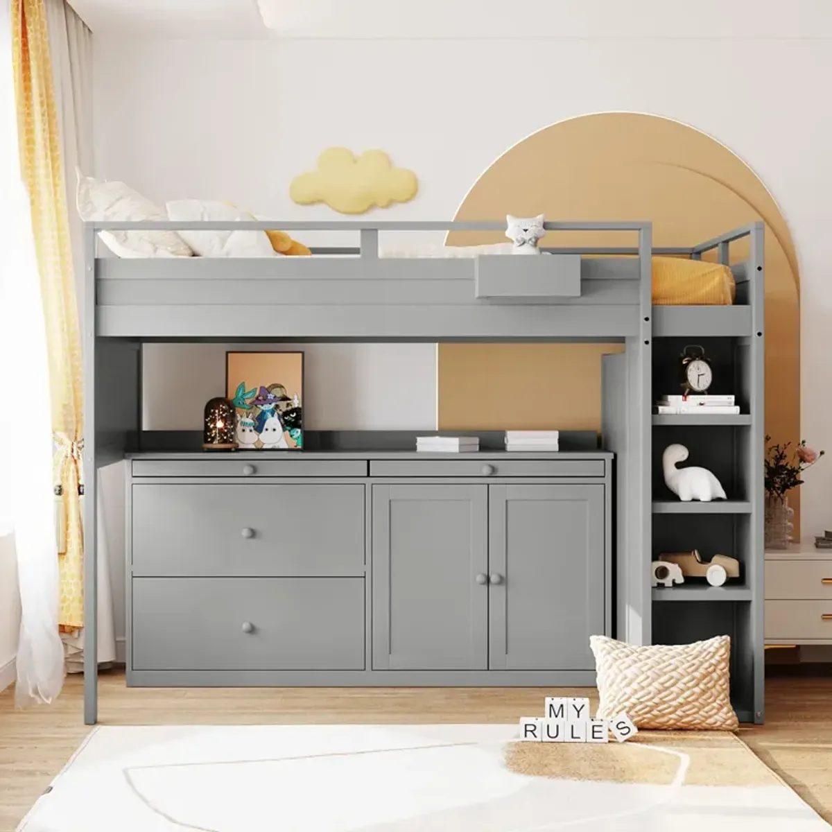 Loft Bed With Rolling Cabinet And Desk