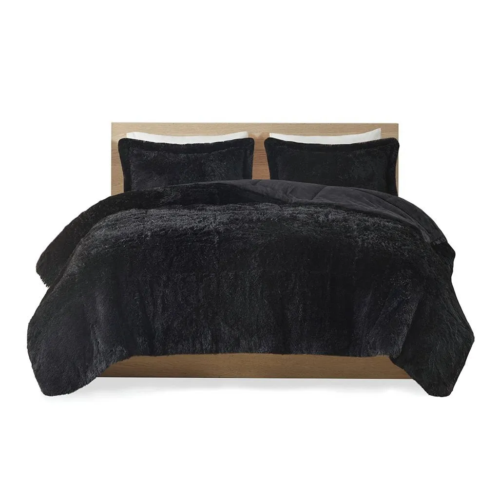 Hivvago Twin/Twin XL Black Soft Sherpa Faux Fur 2 Piece Comforter Set with Shams