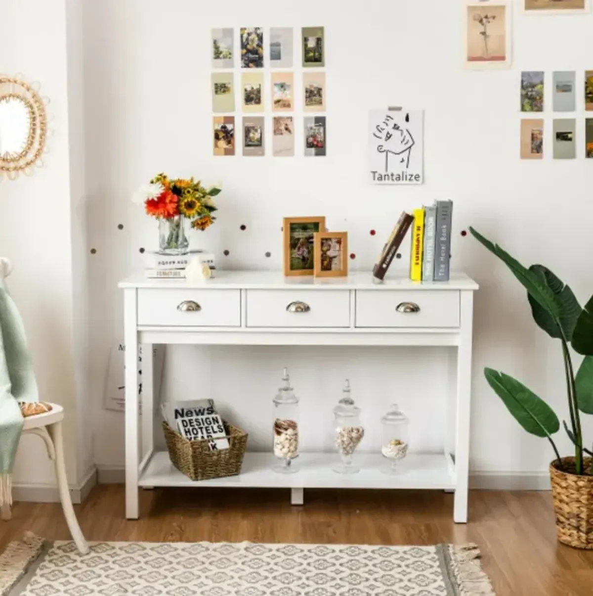 Modern Tall Entryway Table with 3 Drawers and 2 Tier Storage Shelves for Hallway and Living Room