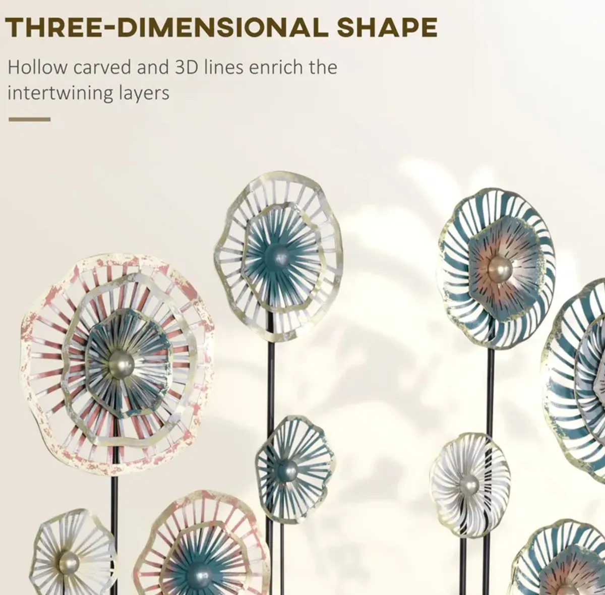 Blue/Silver/Gold Decor: 3D Metal Wall Art Set with Modern Flower Design