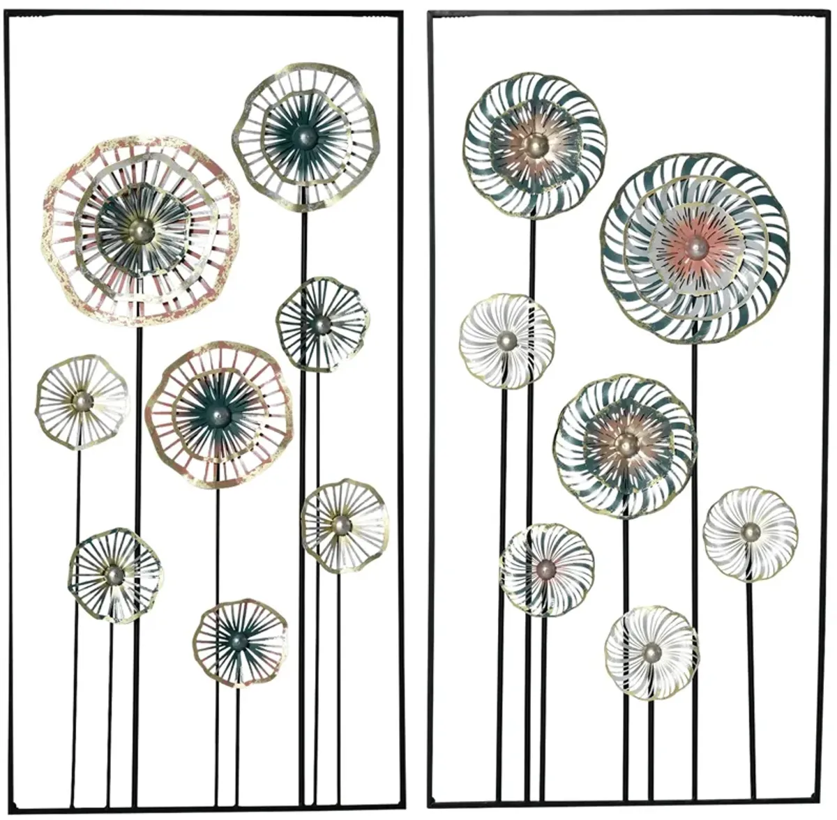 Blue/Silver/Gold Decor: 3D Metal Wall Art Set with Modern Flower Design