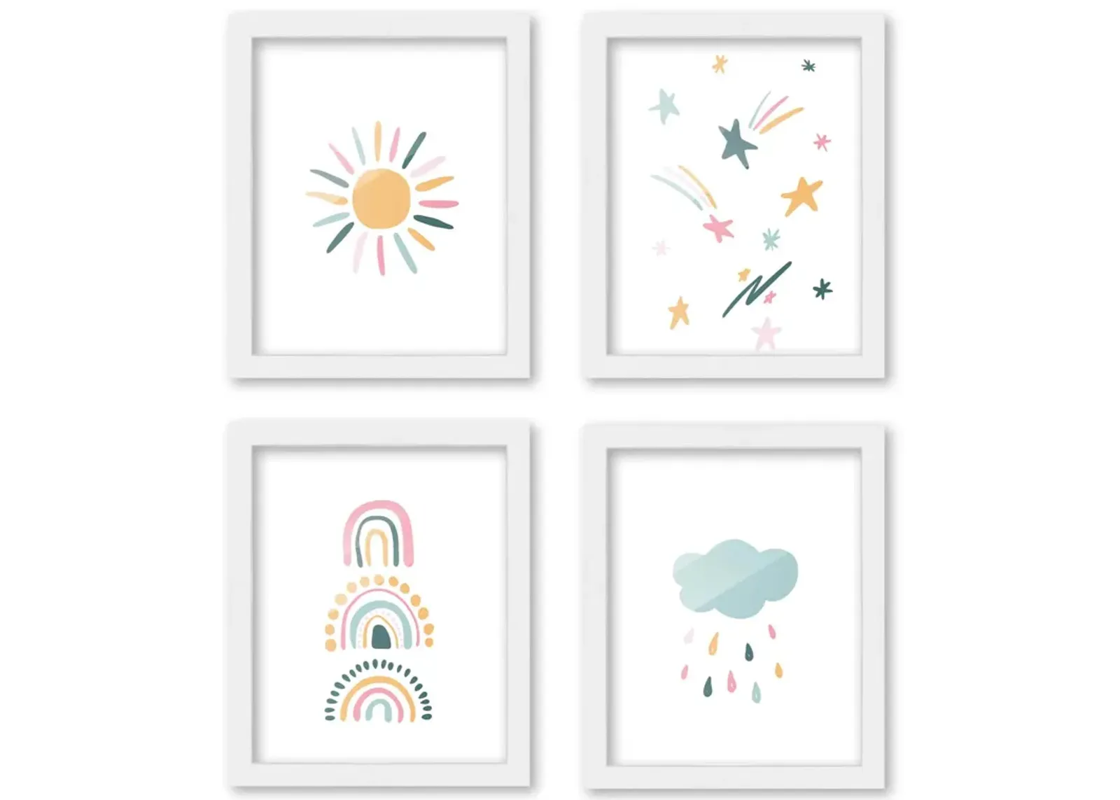 8x10 Framed Nursery Wall Art Set of 4 Hand Drawn Boho Sun Rainbow & Stars Prints in White Wood Frames