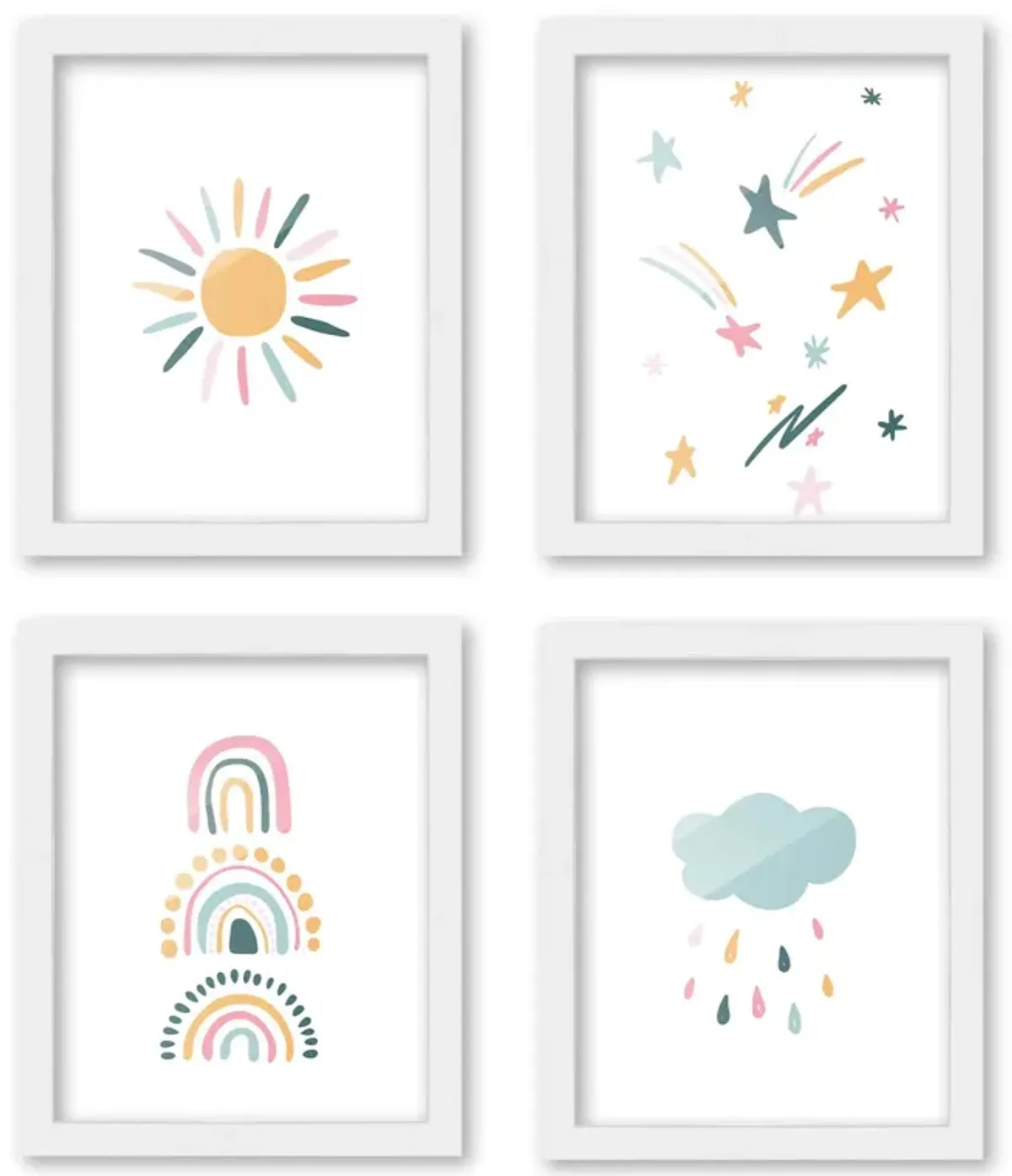 8x10 Framed Nursery Wall Art Set of 4 Hand Drawn Boho Sun Rainbow & Stars Prints in White Wood Frames