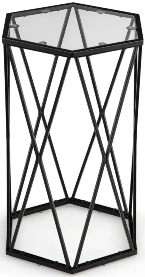 Hivvago Hexagonal Accent End Table with Tempered Glass Top and Metal Frame