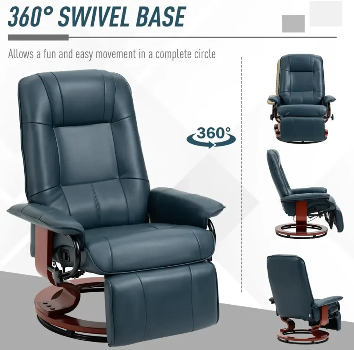 Blue Lounge Luxury: Faux Leather Swivel Recliner with Footrest