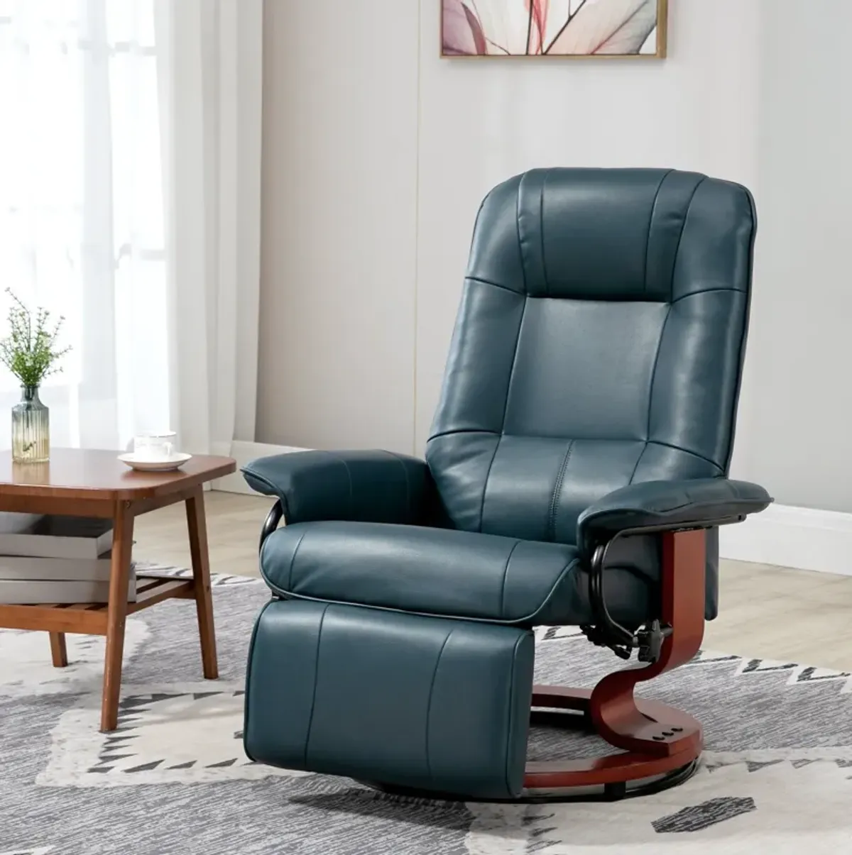 Blue Lounge Luxury: Faux Leather Swivel Recliner with Footrest