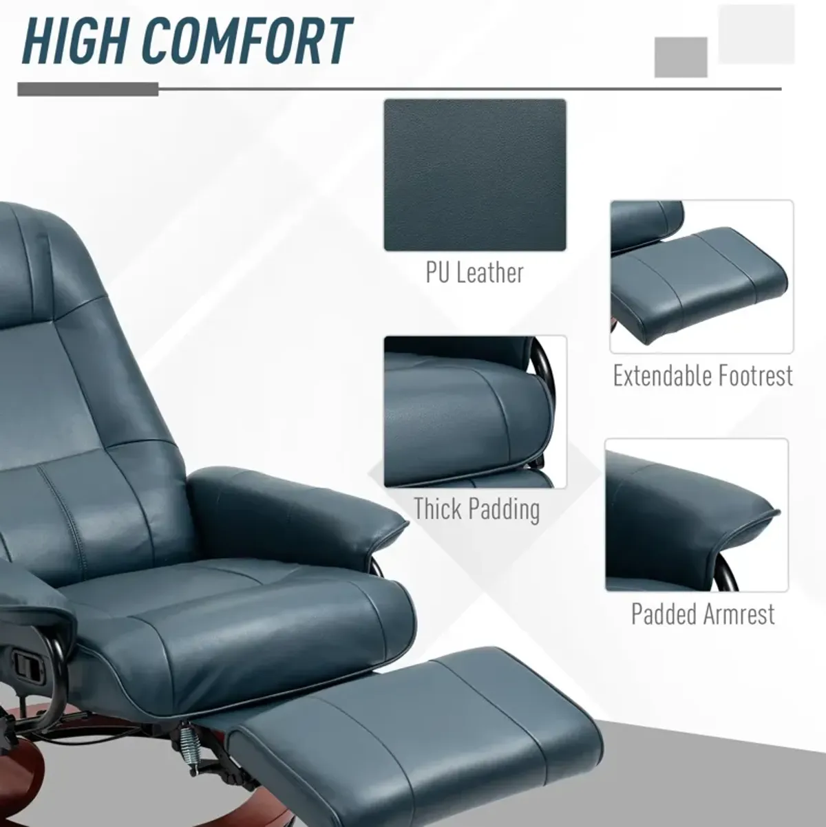 Blue Lounge Luxury: Faux Leather Swivel Recliner with Footrest