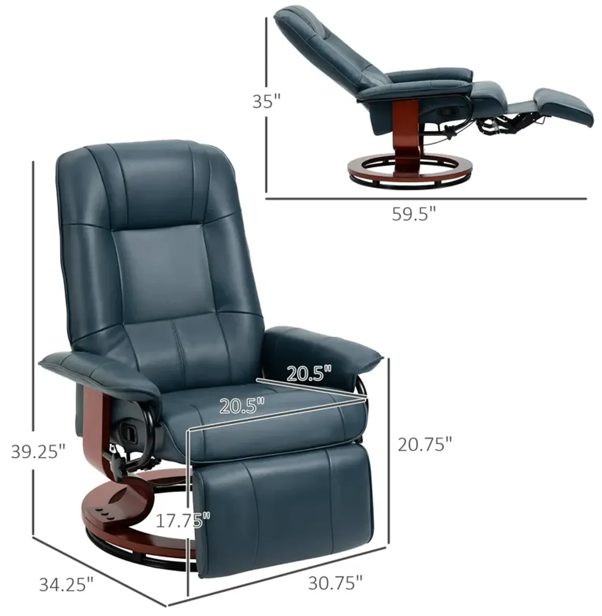 Blue Lounge Luxury: Faux Leather Swivel Recliner with Footrest