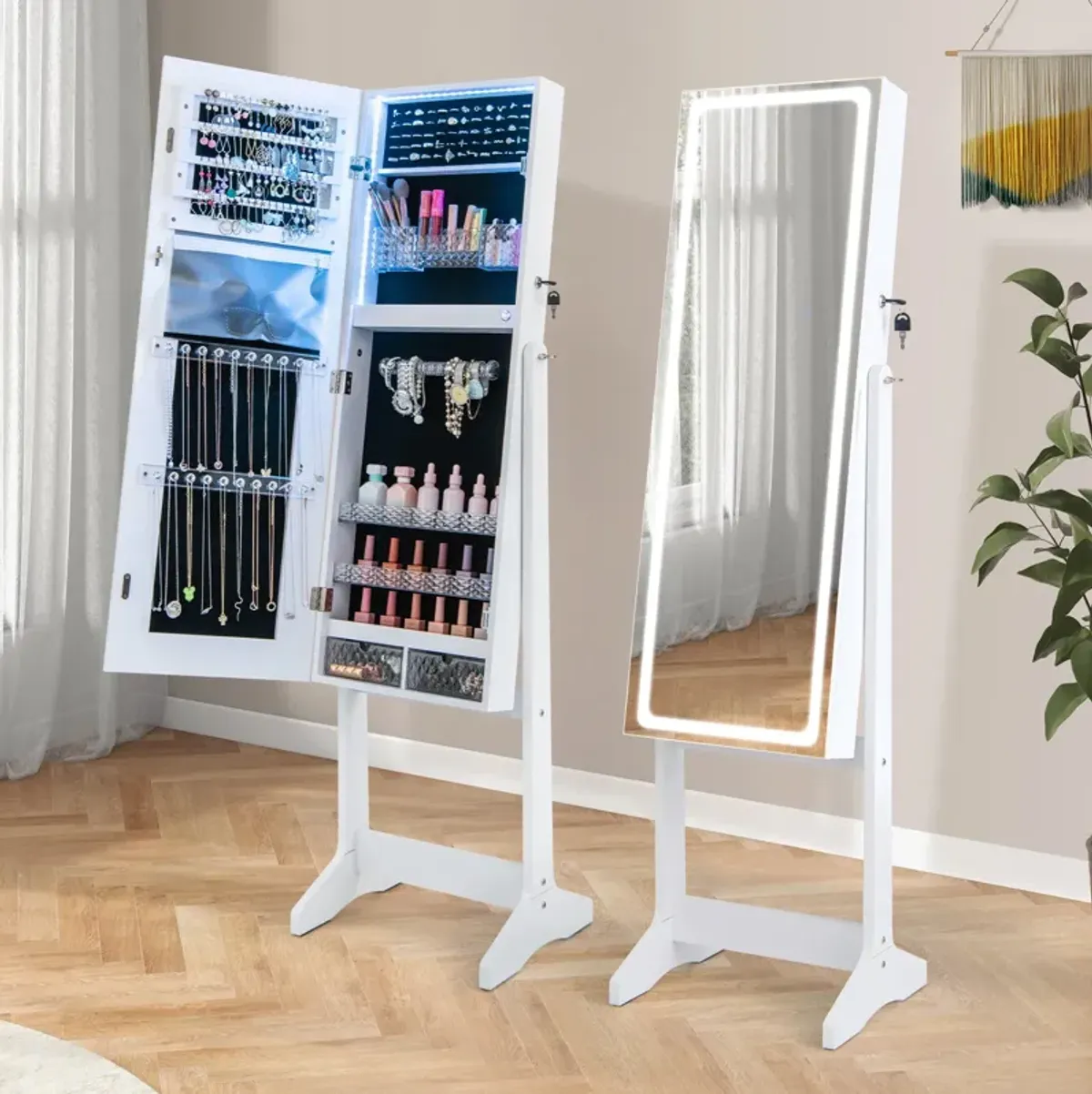 Lockable Jewelry Armoire Standing Cabinet with Lighted Full-Length Mirror