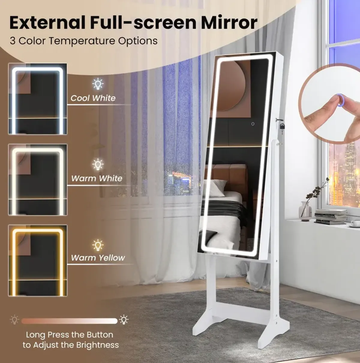 Lockable Jewelry Armoire Standing Cabinet with Lighted Full-Length Mirror