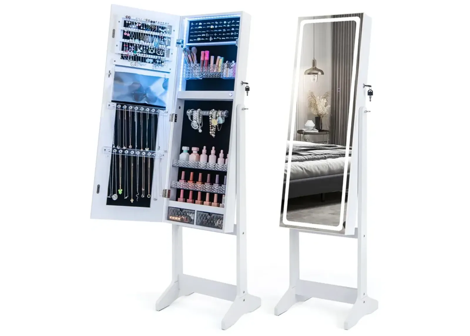 Lockable Jewelry Armoire Standing Cabinet with Lighted Full-Length Mirror