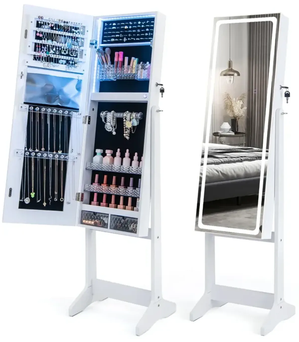 Lockable Jewelry Armoire Standing Cabinet with Lighted Full-Length Mirror