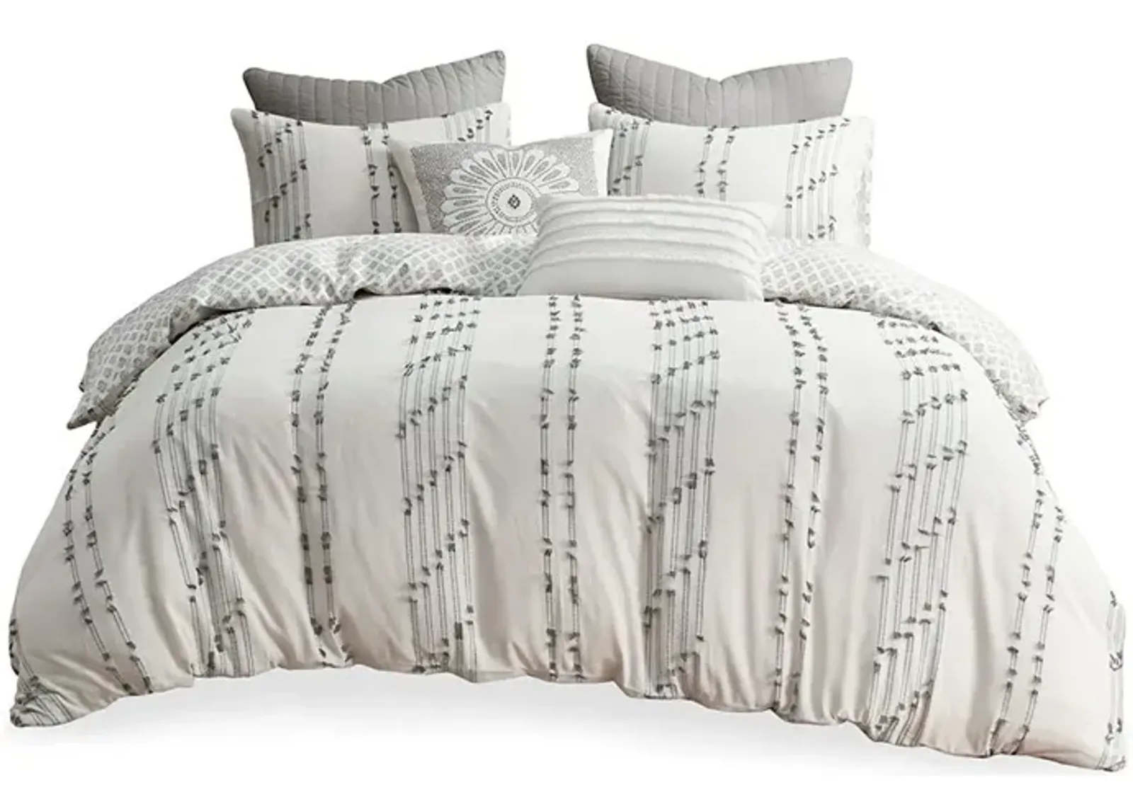 Gracie Mills Trujillo 3-Piece Embroidered Stripes Cotton Jacquard Duvet Cover Set