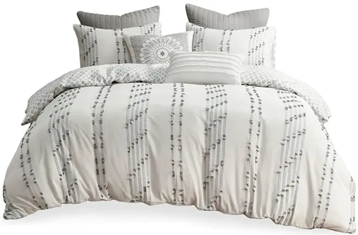 Gracie Mills Trujillo 3-Piece Embroidered Stripes Cotton Jacquard Duvet Cover Set