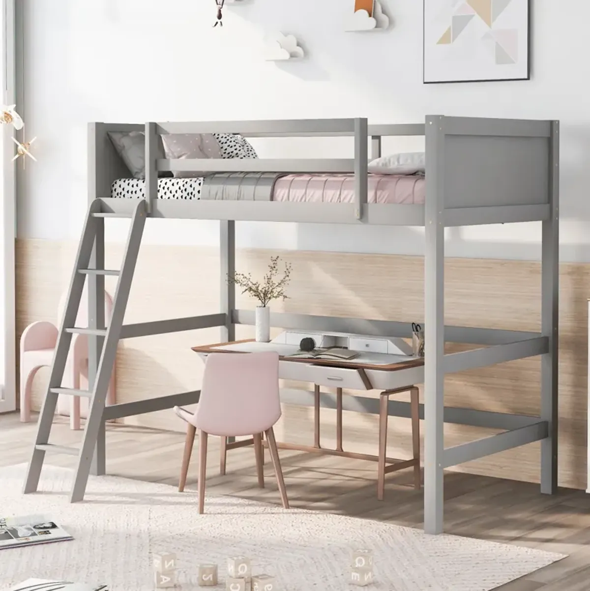 Solid Wood Twin Size Loft Bed with Ladder