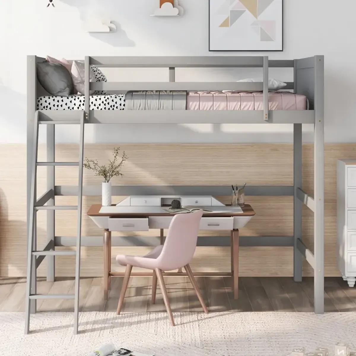 Solid Wood Twin Size Loft Bed with Ladder