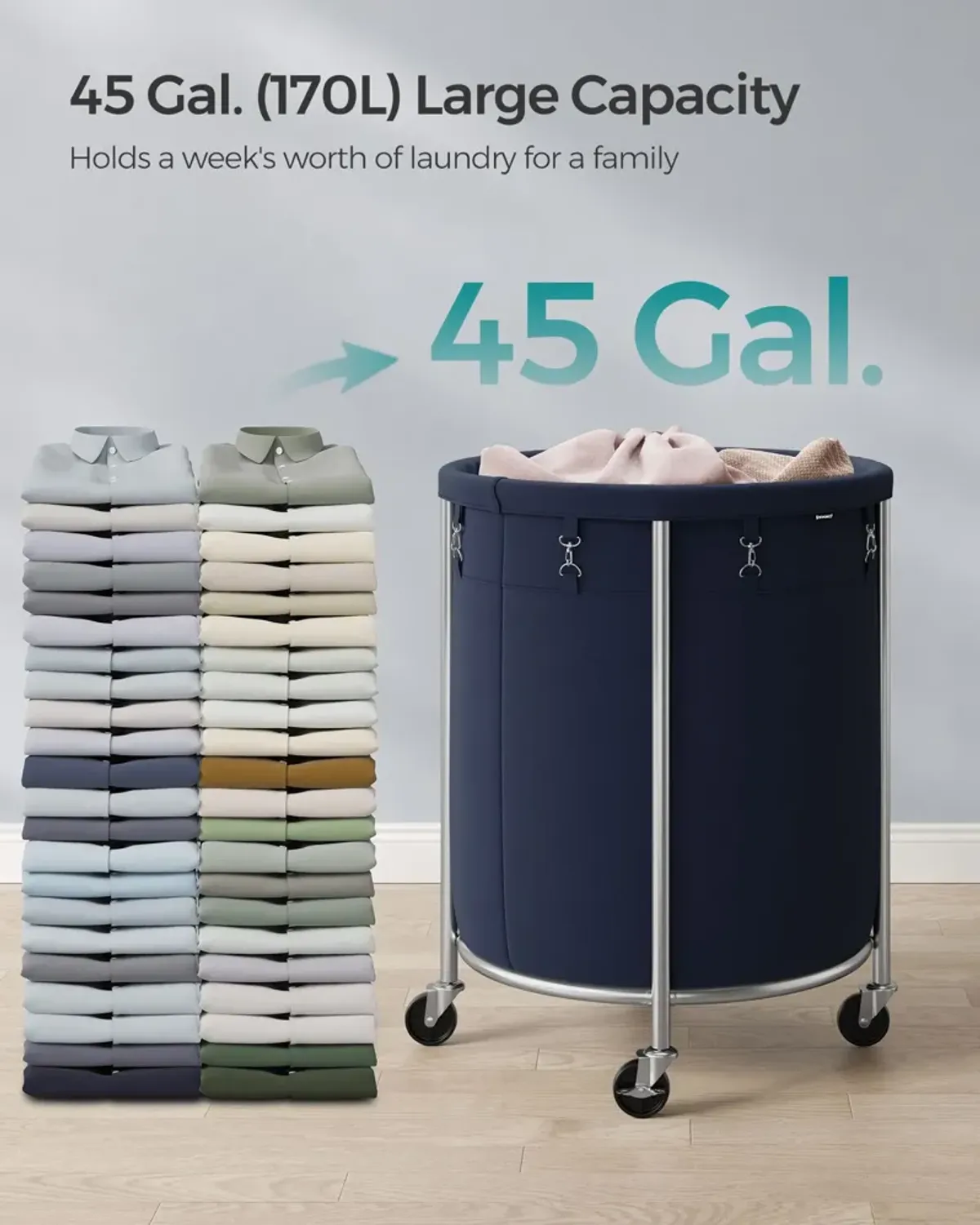 Laundry Basket with Wheels and Removable Bag, Steel Frame, 4 Casters and 2 Brakes