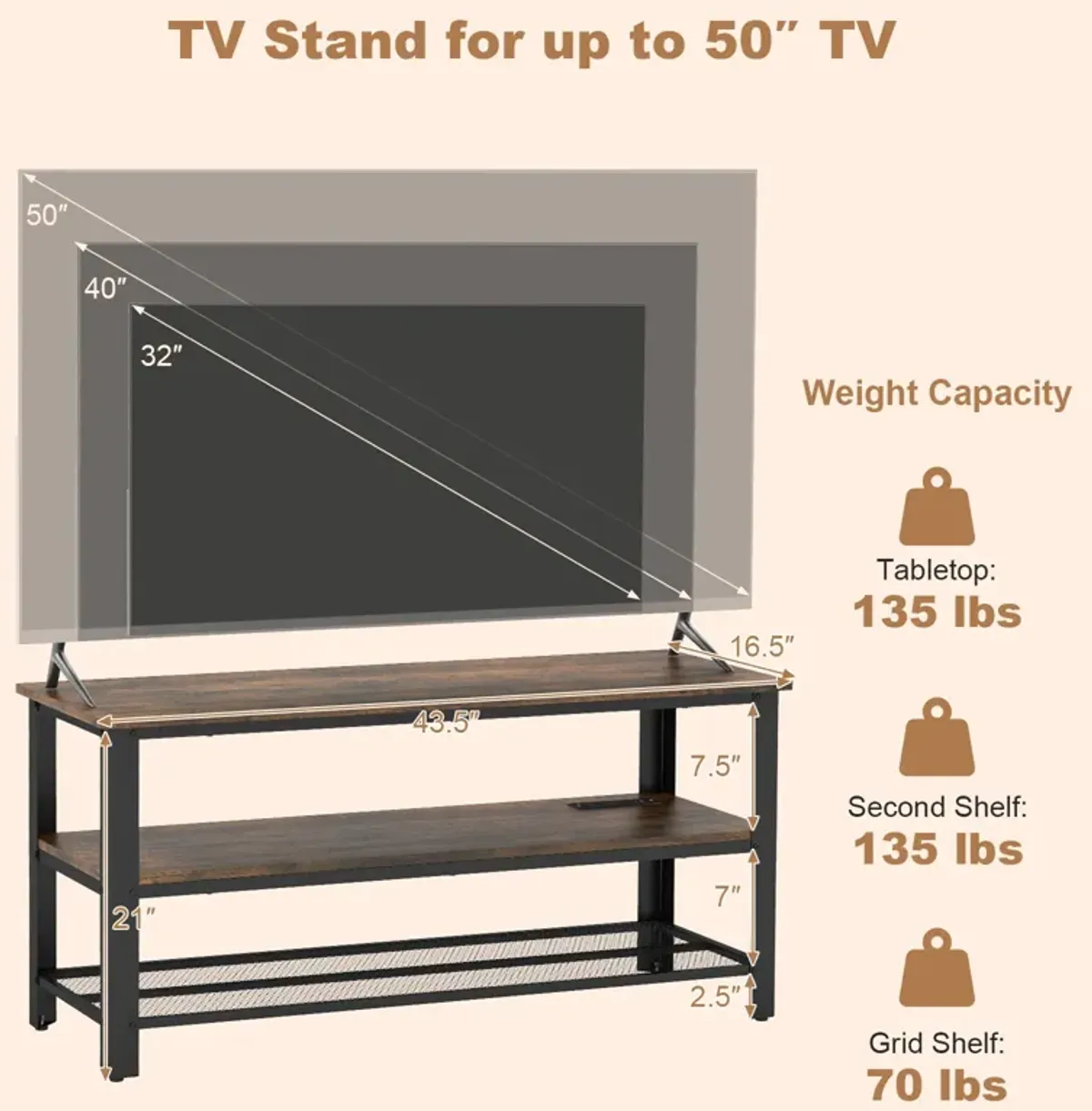 Industrial TV Stand up to 50 Inches with Power Outlets and USB Ports-Rustic Brown