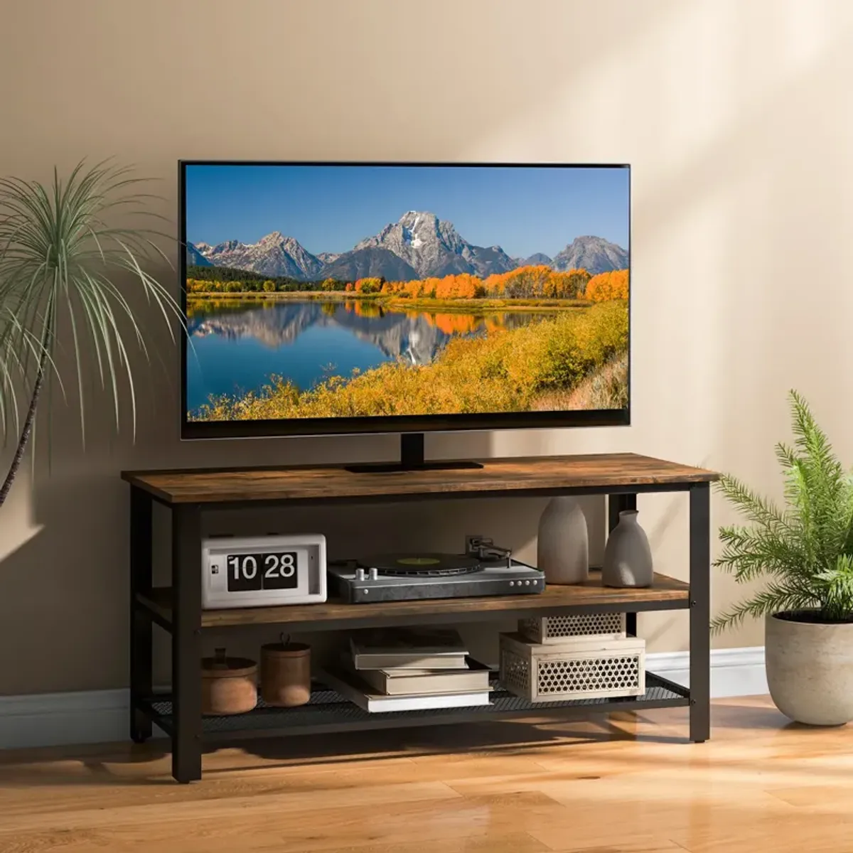 Industrial TV Stand up to 50 Inches with Power Outlets and USB Ports-Rustic Brown