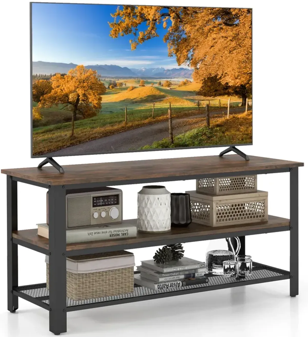 Industrial TV Stand up to 50 Inches with Power Outlets and USB Ports-Rustic Brown