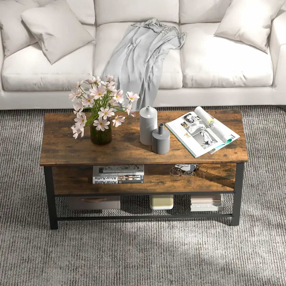 Industrial TV Stand up to 50 Inches with Power Outlets and USB Ports-Rustic Brown