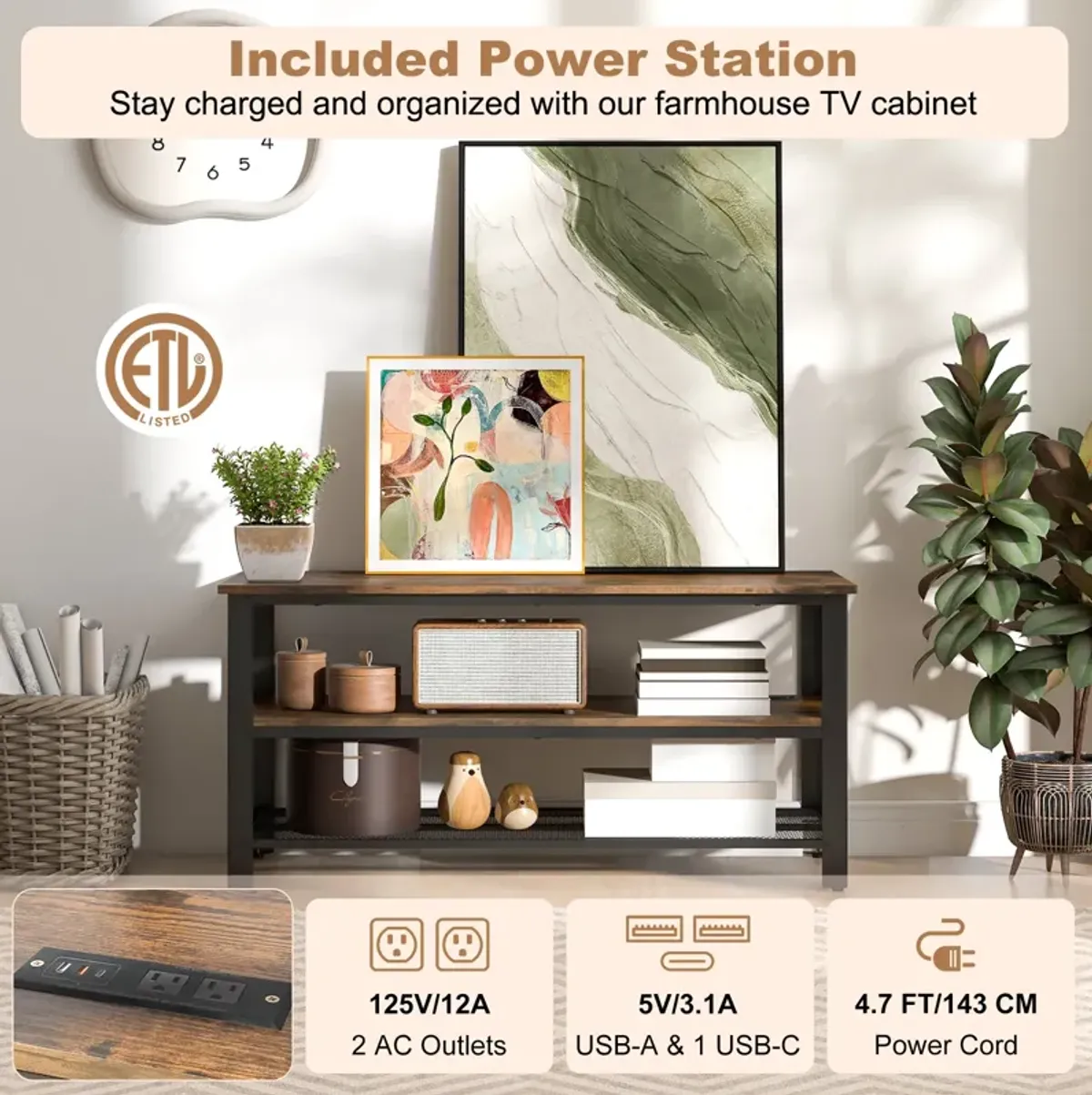 Industrial TV Stand up to 50 Inches with Power Outlets and USB Ports-Rustic Brown