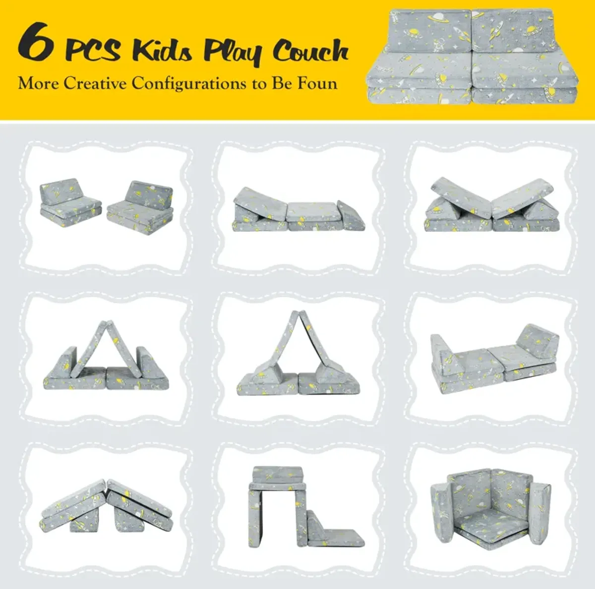 6 PCS Kids Play Couch with 4 Base Cushions and 2 Backrest Cushions-Gray