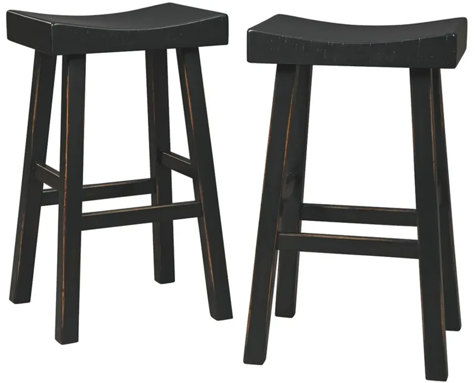 31 Inch Wooden Saddle Stool with Angular Legs, Set of 2, Black - Benzara