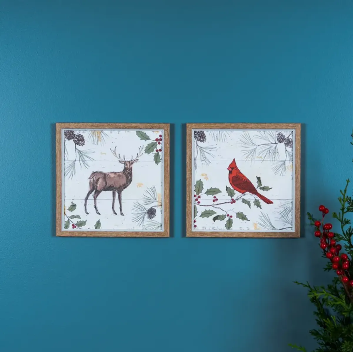 Framed Deer And Cardinal Bird Wall Art (Set of 2)