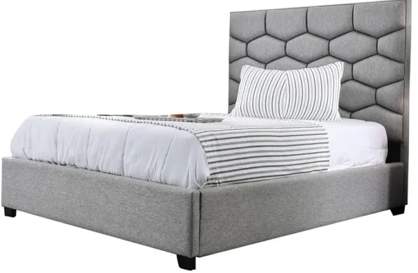 Fabric Upholstered California King Bed with Honeycomb Headboard, Gray - Benzara