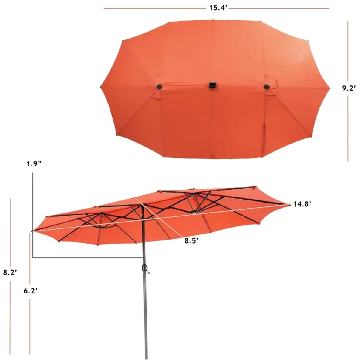 15-Foot Twin Patio Umbrella with 48 Solar LED Lights for Outdoor Lighting