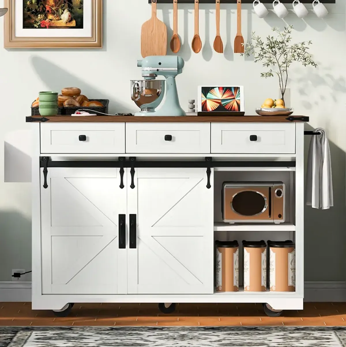 Merax Farmhouse Kitchen Island with Power Outlet