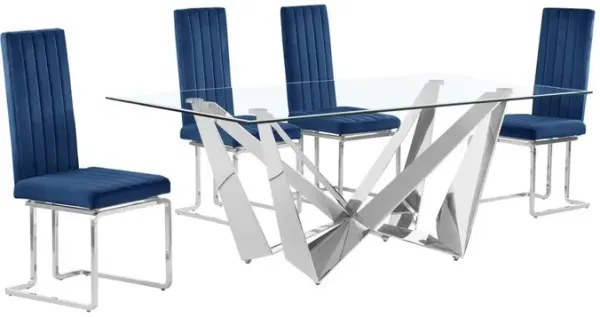 5pc Small(78") glass dining set with silver base and 4 Navy blue side chairs