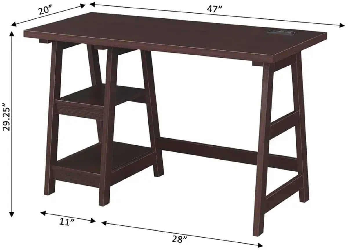 Convenience Concepts Designs2Go Trestle Desk with Charging Station, Espresso