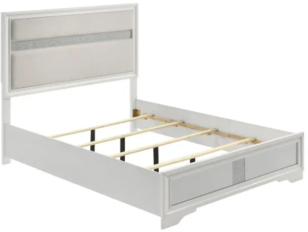 Vino Queen Size Bed, Panel Headboard White Upholstery, Glitter Stripe - Benzara