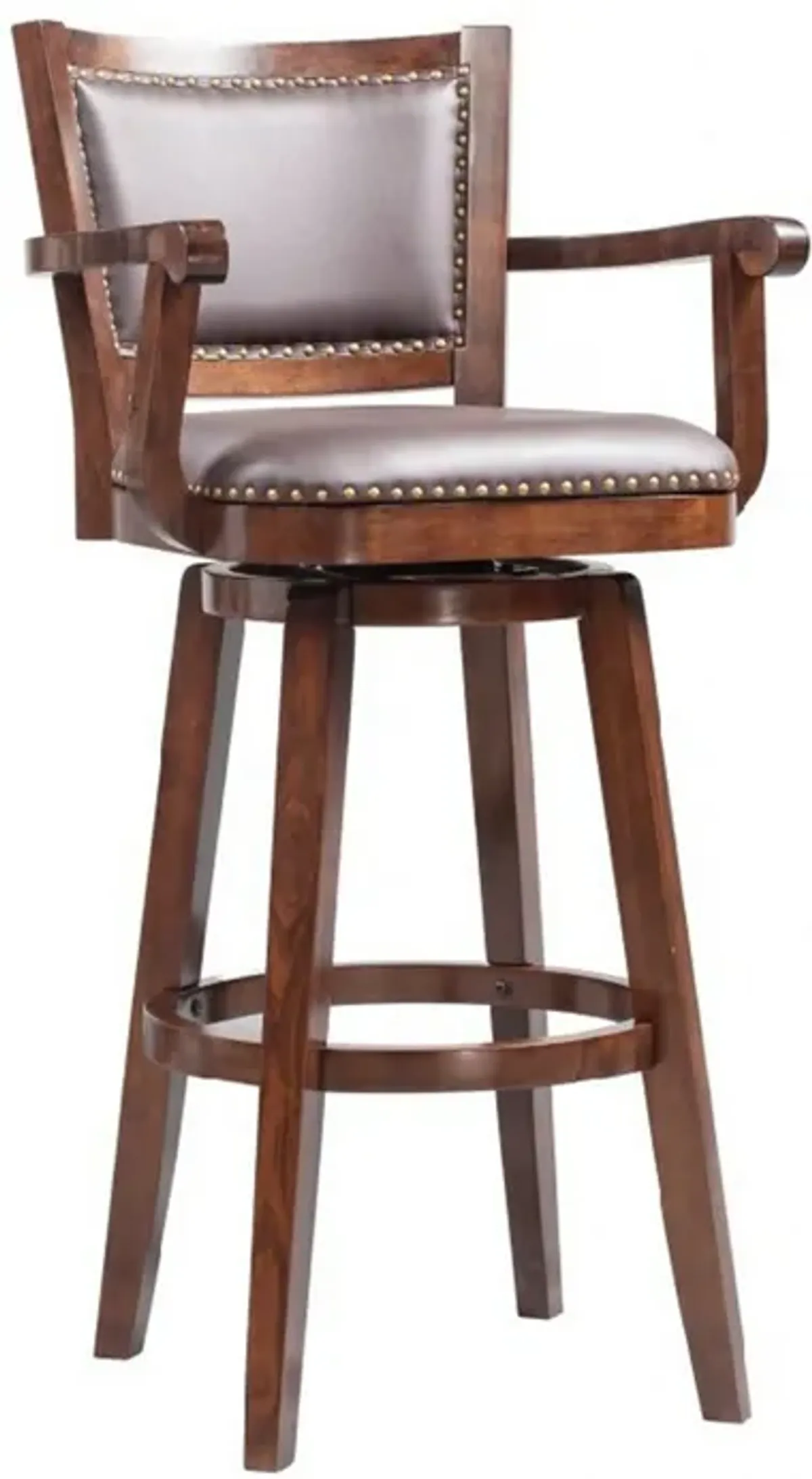 Nailhead Trim Faux Leather Upholstered Barstool with Wooden Arms, Dark Brown-Benzara