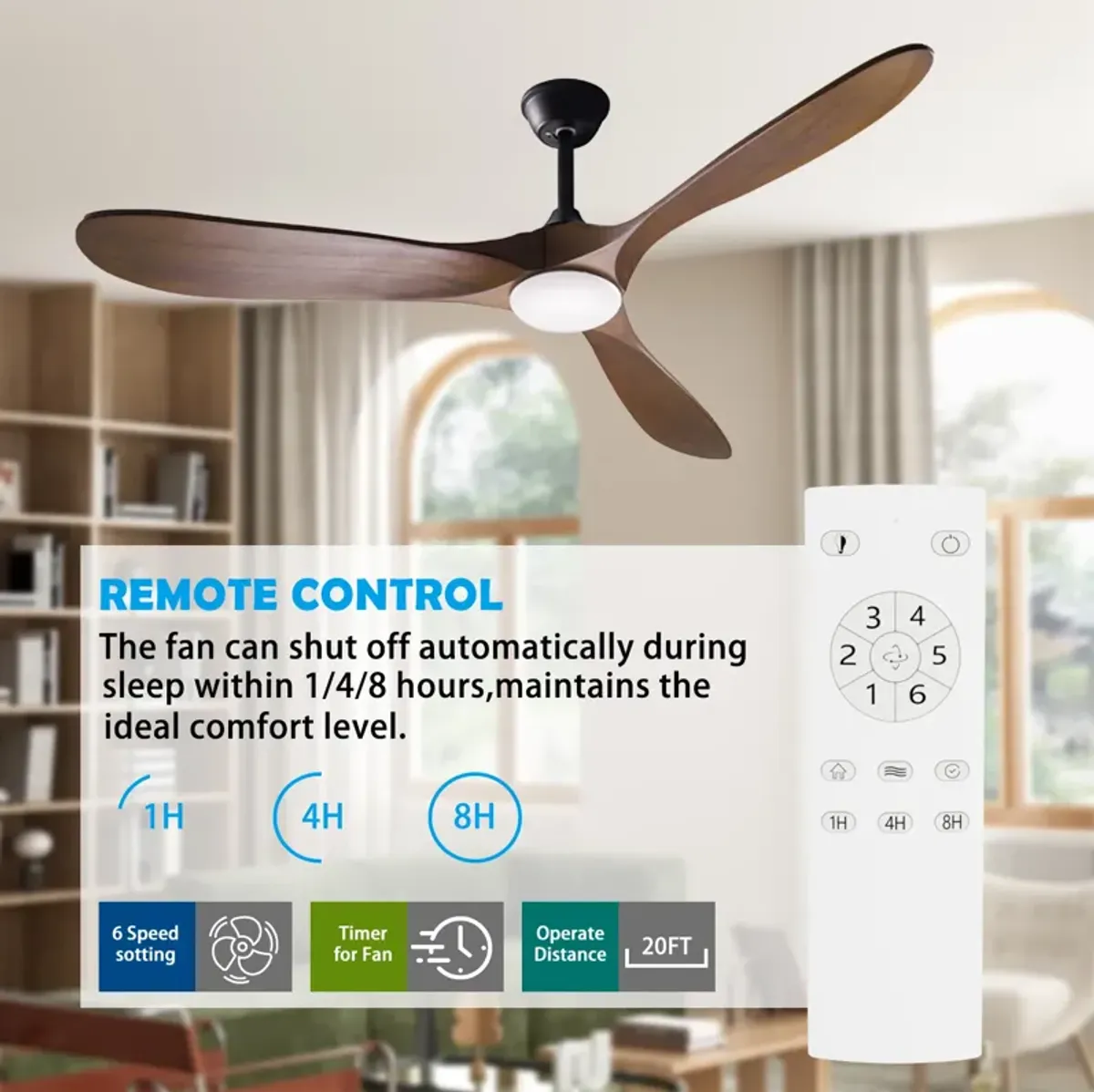 60 in. Integrated LED Indoor Brown Wood Ceiling Fan with Light Kit, 3 Wood Blades, Remote Control, 6-Speed Adjustable