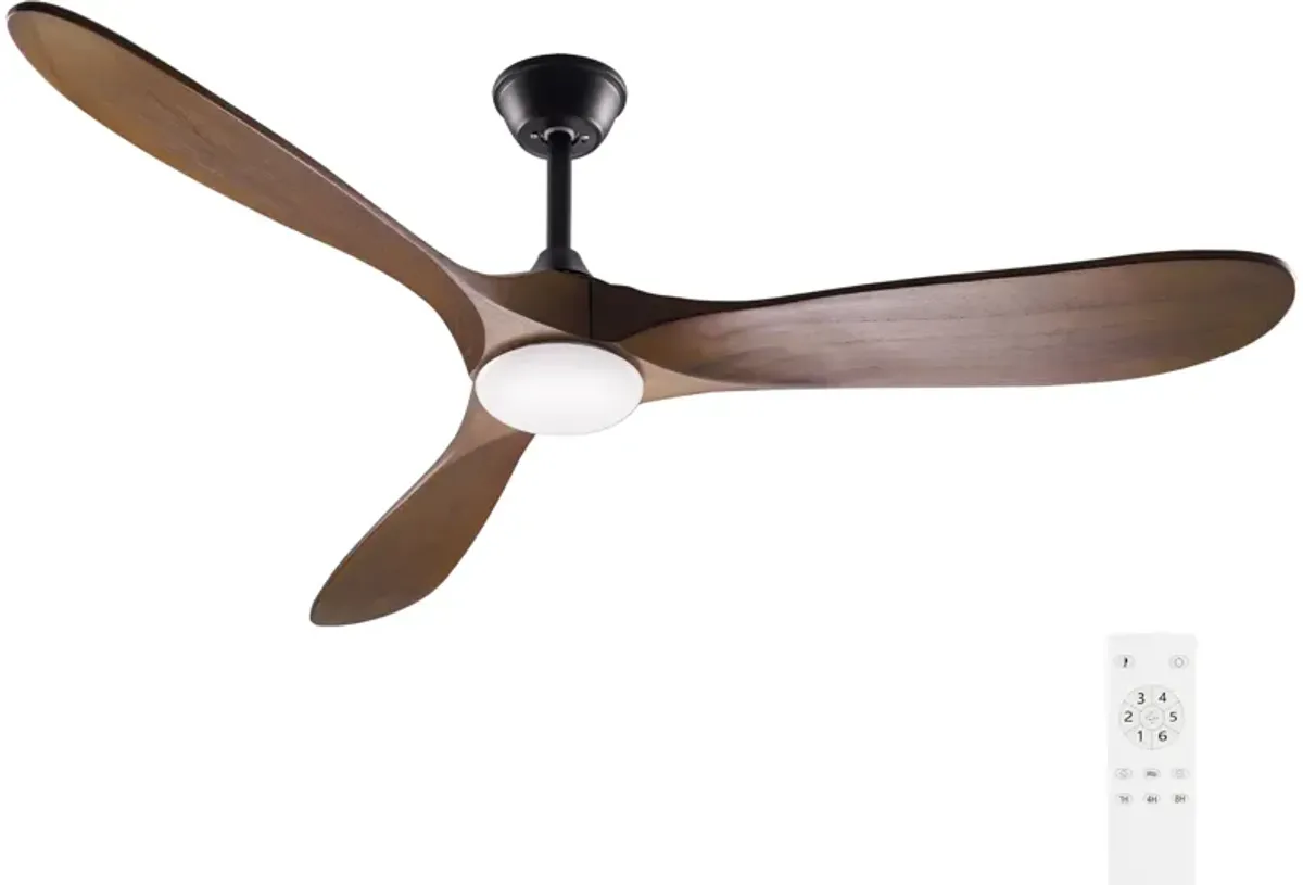 60 in. Integrated LED Indoor Brown Wood Ceiling Fan with Light Kit, 3 Wood Blades, Remote Control, 6-Speed Adjustable