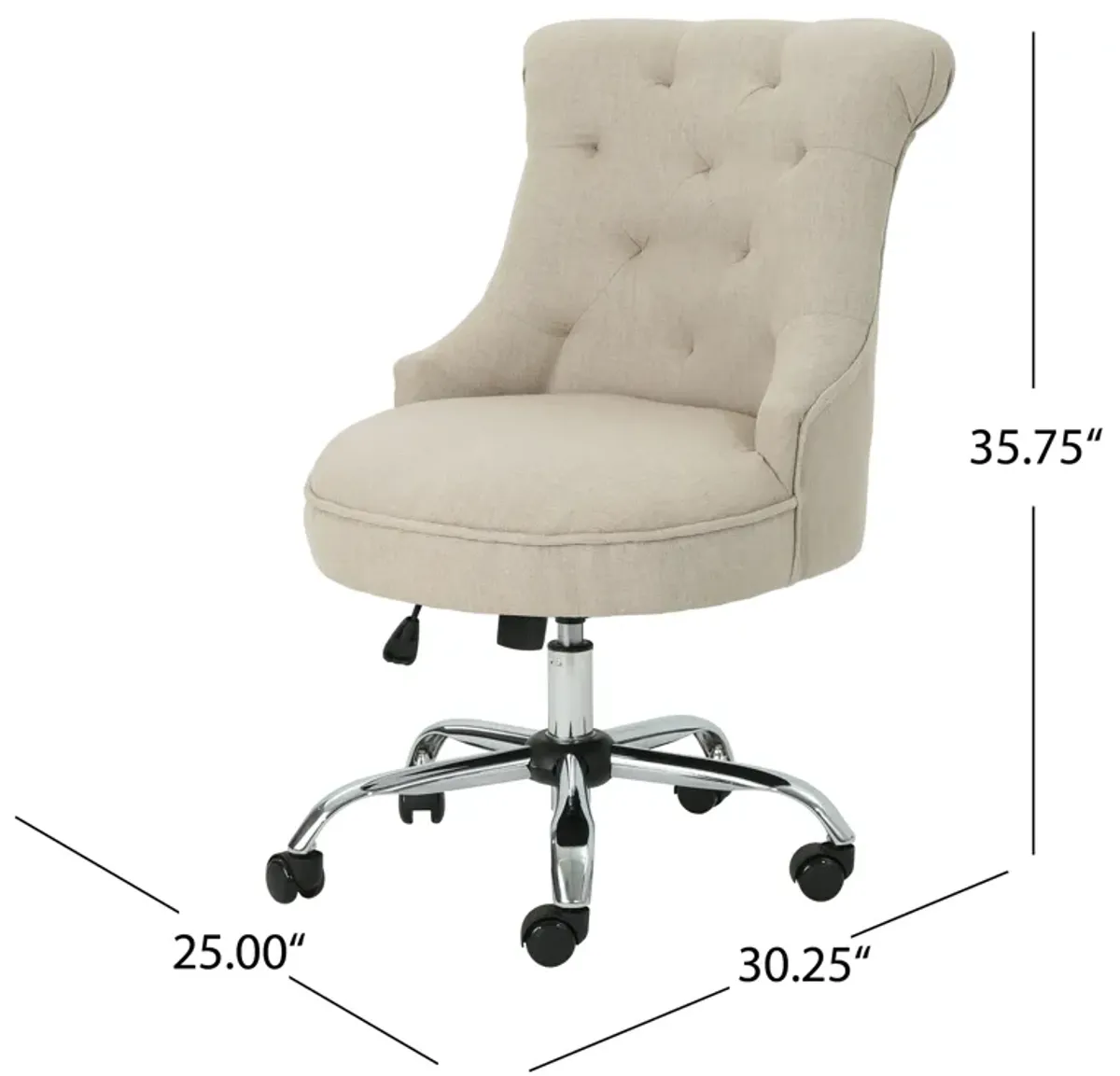 Rashi Swivel Office Chair, Beige Fabric, Tufted Back, Wheels, Chrome - Benzara