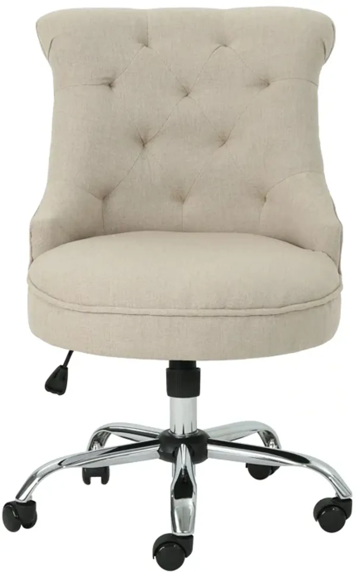 Rashi Swivel Office Chair, Beige Fabric, Tufted Back, Wheels, Chrome - Benzara