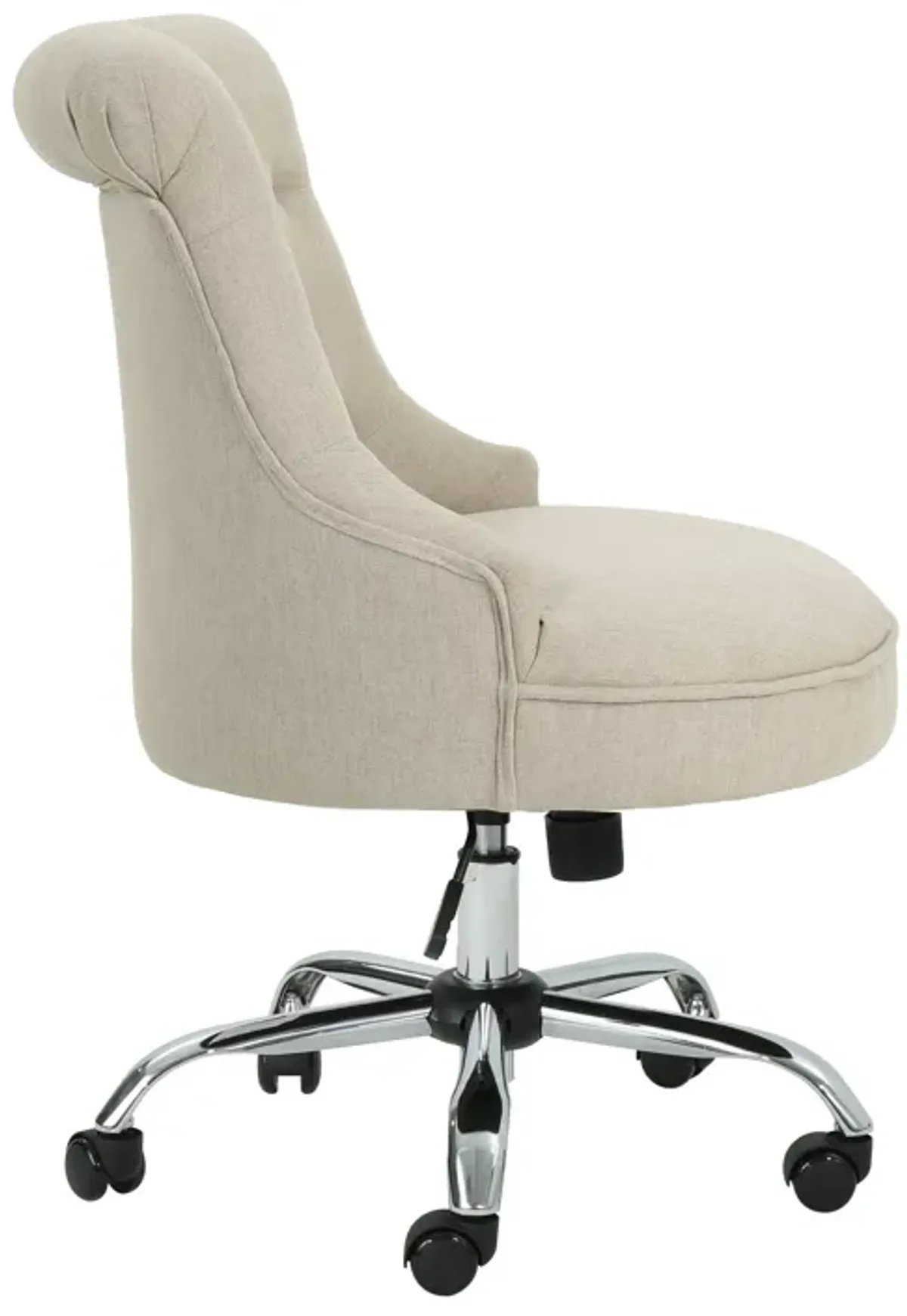 Rashi Swivel Office Chair, Beige Fabric, Tufted Back, Wheels, Chrome - Benzara