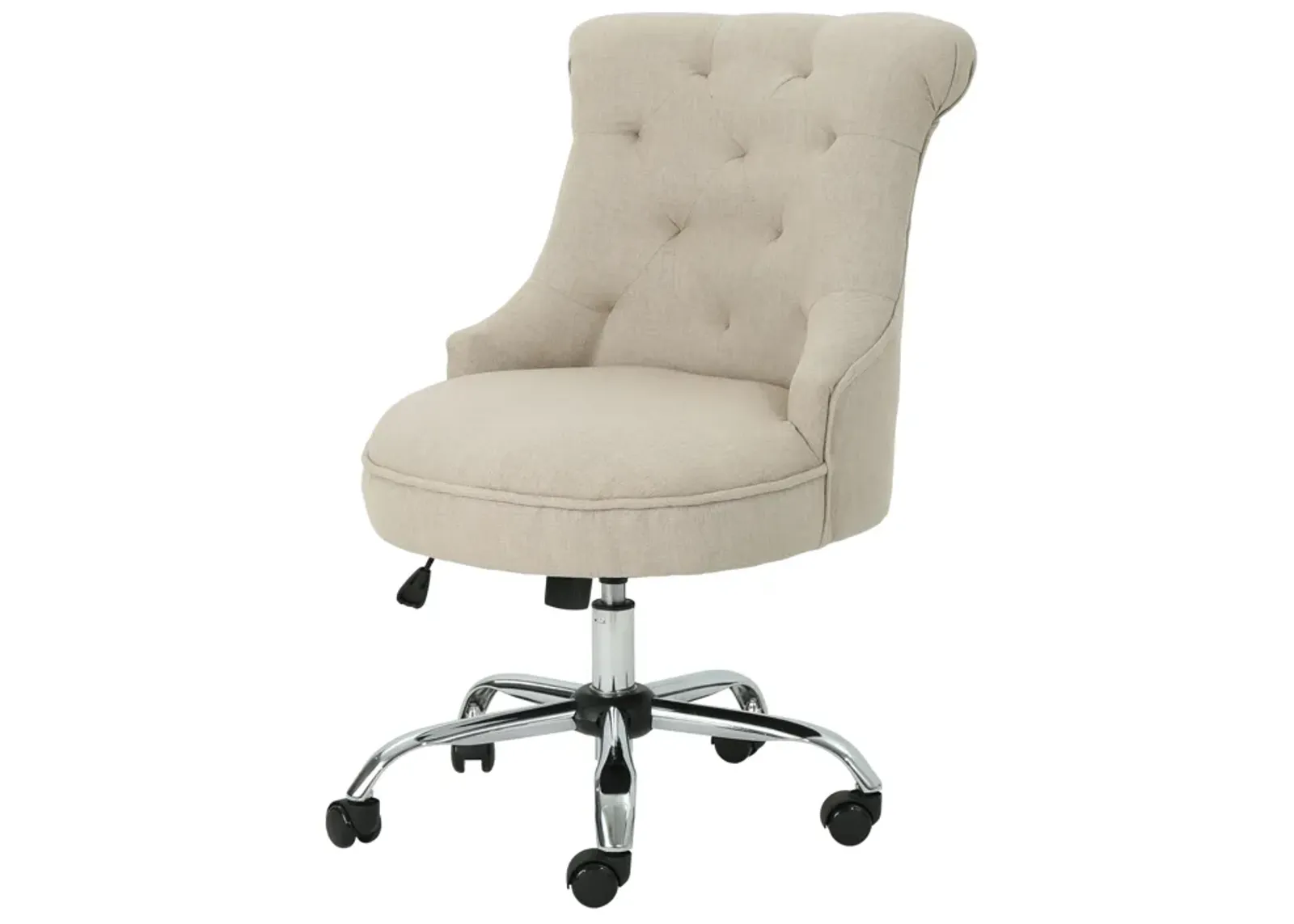 Rashi Swivel Office Chair, Beige Fabric, Tufted Back, Wheels, Chrome - Benzara