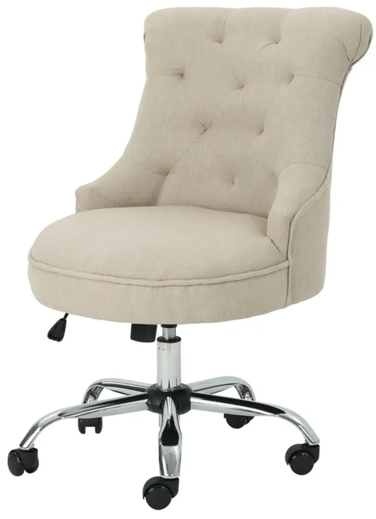 Rashi Swivel Office Chair, Beige Fabric, Tufted Back, Wheels, Chrome - Benzara